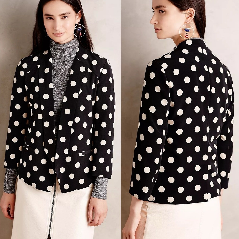 Anthropologie Corey Lynn Calter Polka Dot Point Open Gront 3/4 Sleeve Blazer - 2 - Picture 2 of 10